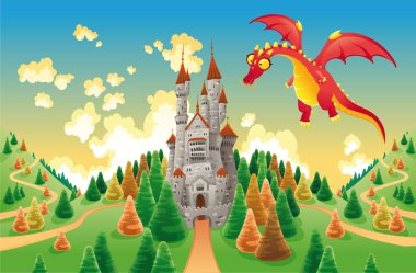 Panorama with medieval castle and dragon. clipart