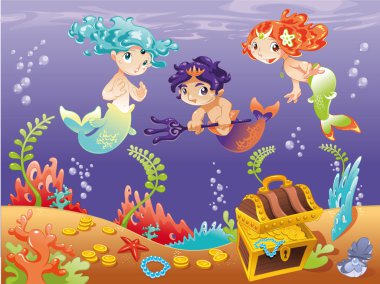 Baby Sirens and Baby Triton with background. clipart