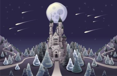 Panorama with medieval castle in the night. clipart