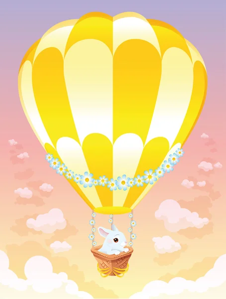 Sıcak hava balonu ile beyaz tavşanı. — Stok Vektör