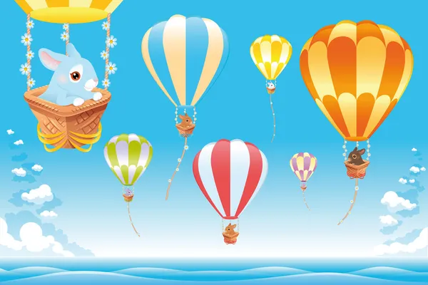 Heißluftballons am Himmel über dem Meer mit Hasen. — Stockvektor