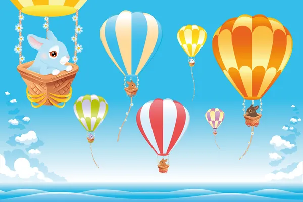 Globos de aire caliente en el cielo en el mar con conejito . — Vector de stock