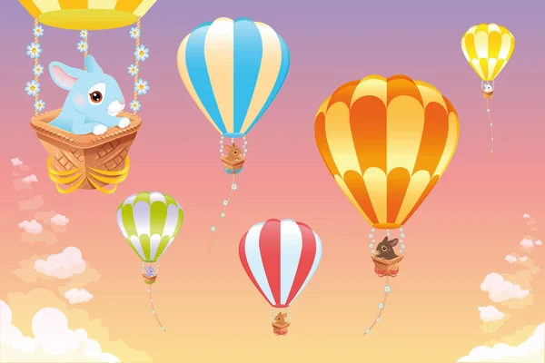 Hőlégballonok az égen, nyuszi — Stock Vector