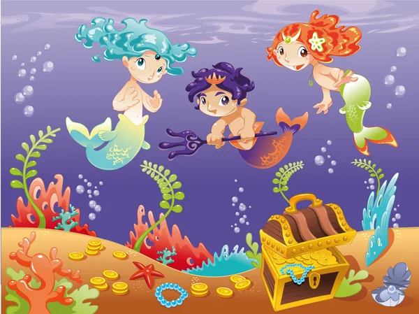 Baby Sirens and Baby Triton with background. — Stock Vector
