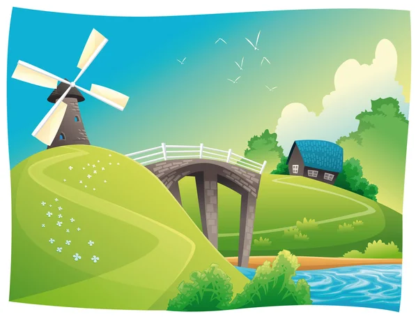 Countryside with windmill. — Stock Vector