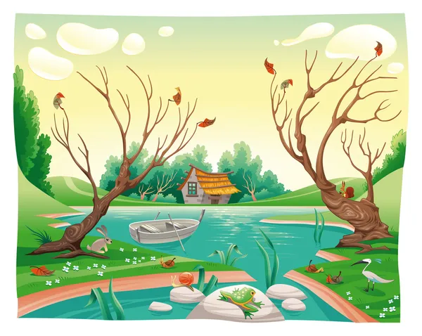 Pond and animals. — Stock Vector