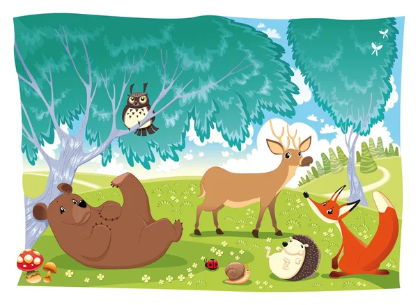 Животные в лесу. животное, осень, фон, медведь, птица, детство, облако, цвет, дамба, олень, басня, сказка, фауна, цветок, лес, лис, трава, ежик, иллюстрация, изолированный, ladybird, ladybug , — стоковый вектор