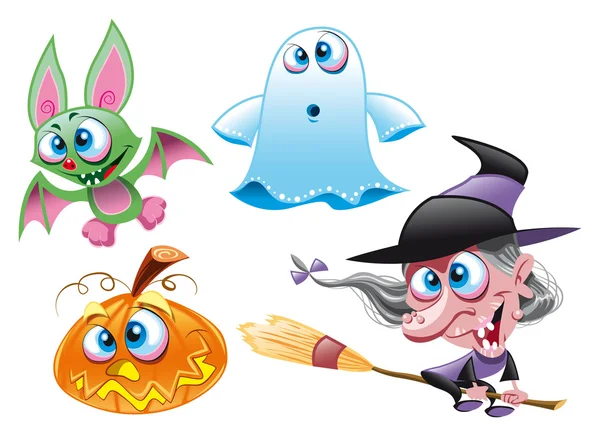 Halloween: bruja, fantasma, murciélago, calabaza — Archivo Imágenes Vectoriales