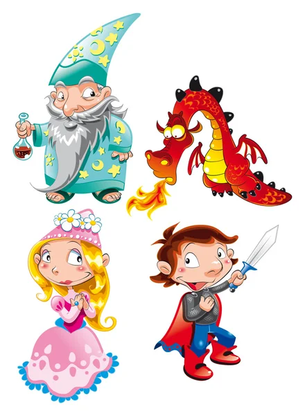 Medeltiden - prinsessan, prince, dragon, trollkarl — Stock vektor