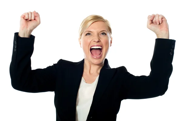 Corporate lady shouting with arms up — Stock Photo, Image