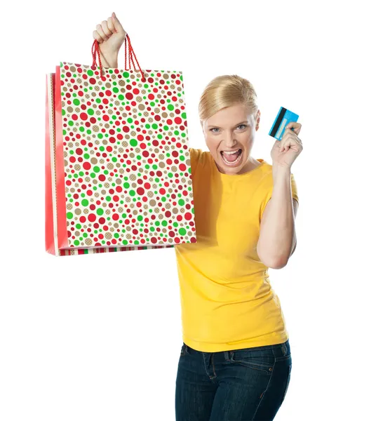 Shopaholic teenager posing in excitement — Stock Photo, Image