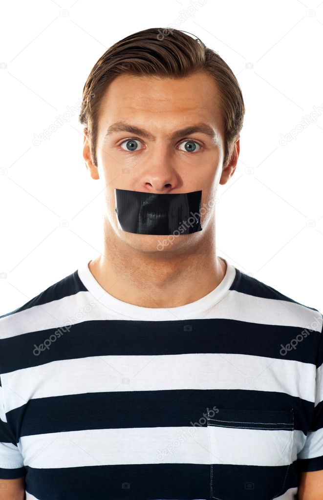Man with duct tape over his mouth