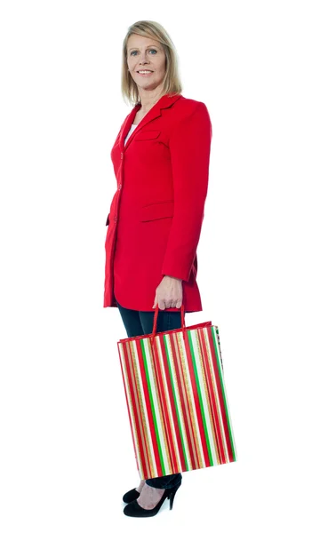 Güzel üst düzey Bayan alışveriş çantası elinde — Stok fotoğraf