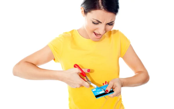 Unhappy female customer destroying her atm card — Stock Photo, Image