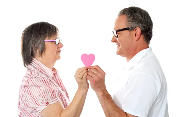 Aged couple holding paper heart. Smiling at each other — Stock Photo, Image