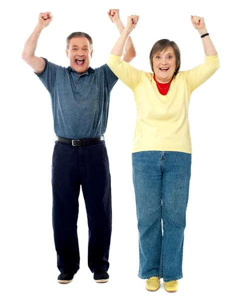 Возбужденная старшая пара. Руки подняты — стоковое фото