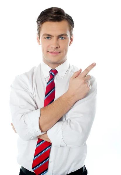 Smart businessperson pointing away from camera — Stock Photo, Image