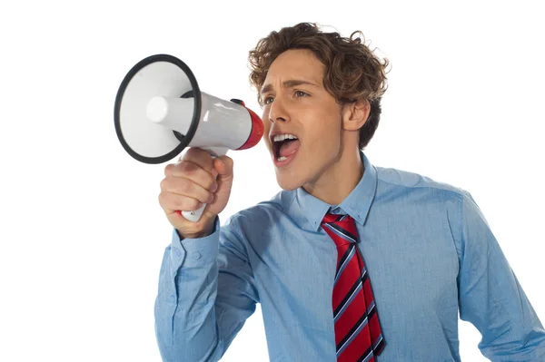 Homem de negócios com megafone — Fotografia de Stock