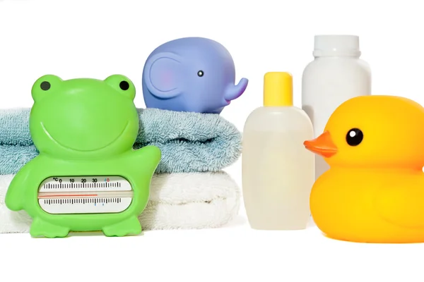 宝贝，孤立的沭浴配件： 毛巾、 玩具、 温度计和博 图库图片