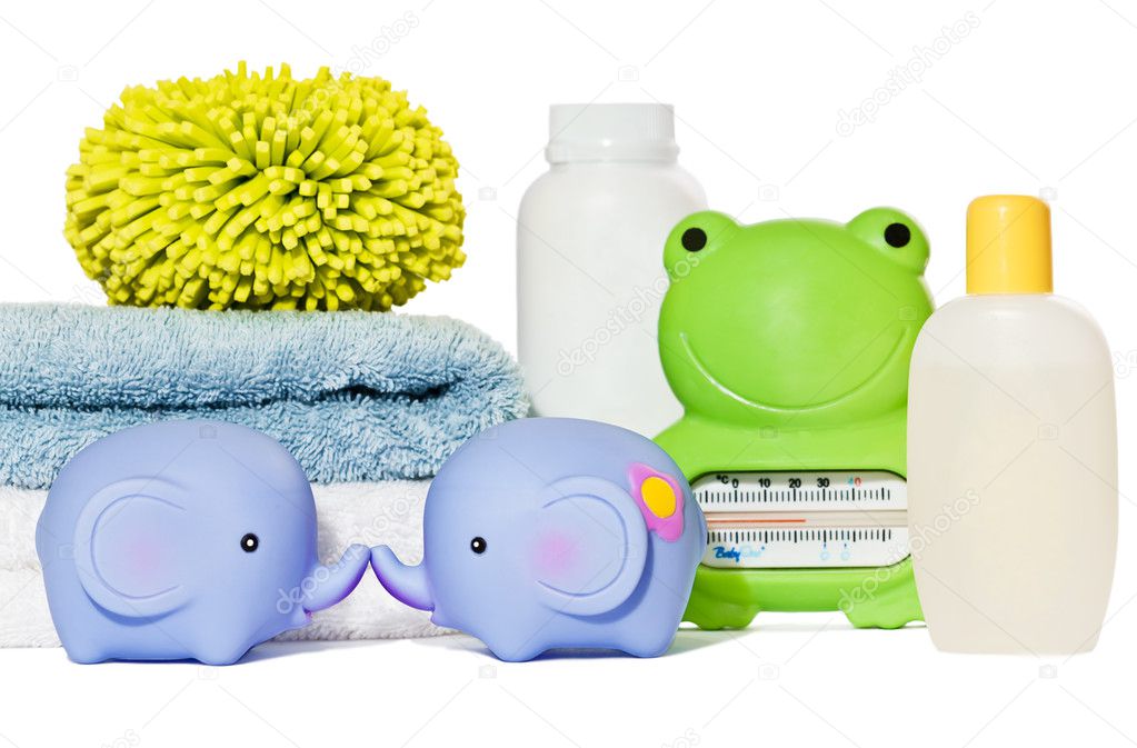 Baby bath accessories isolated: towels, toys, sponge, thermomete