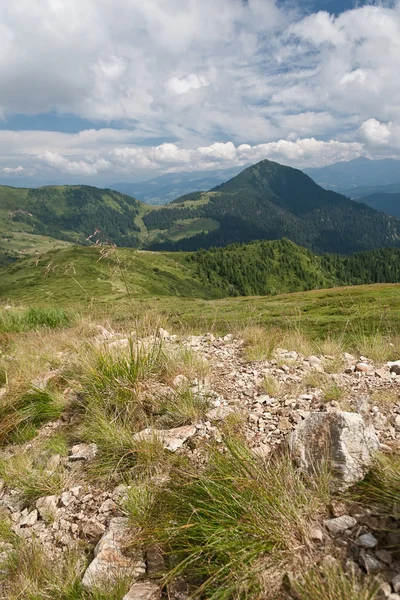 Ορεινό τοπίο με ένα βράχο και χόρτα στο προσκηνίου σε το — Φωτογραφία Αρχείου