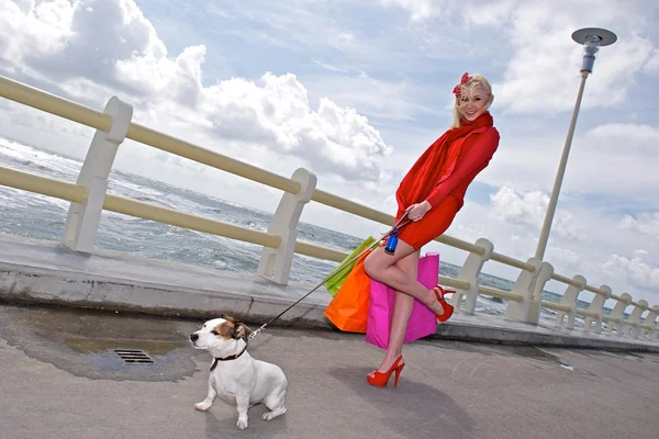 stock image Young shopping woman whit dog ,sea background