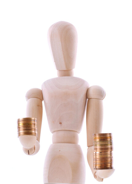 The wooden figure holds coins