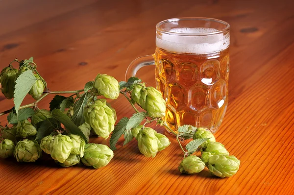 Hop y cerveza sobre fondo de madera —  Fotos de Stock
