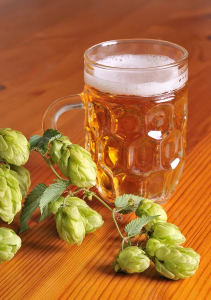 Hopfen und Bier auf Holzgrund — Stockfoto