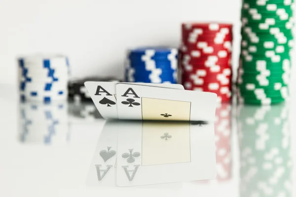 Ace king with poker chips over white — Stock Photo, Image