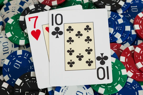 Bluff poker cards with chips — Stock Photo, Image