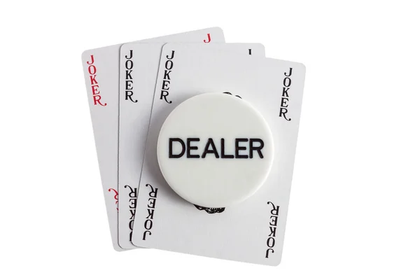 Obchodník s žolíky kasino-karty nad bílá — Stock fotografie
