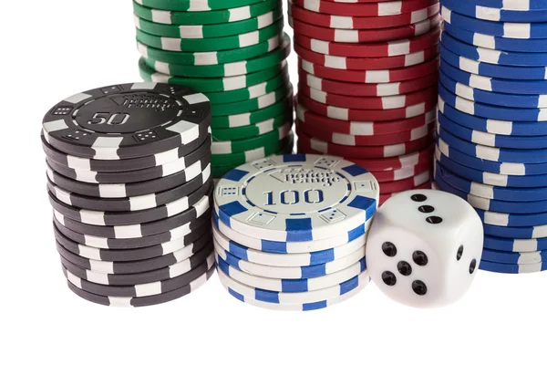 Casino chips, dice and dealer — Stock Photo, Image