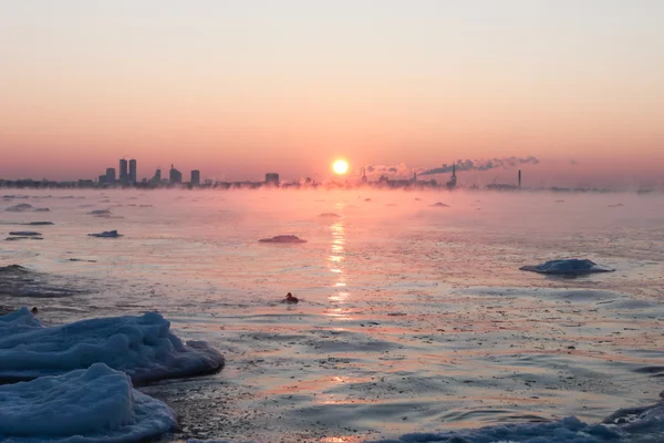 Zimní moře mlhy slunce — Stock fotografie