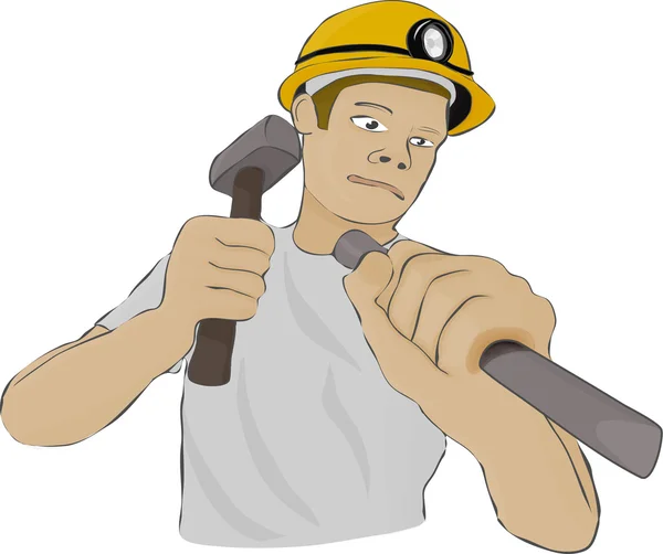 Builder or the miner works with a hammer and a chisel Stock Vector