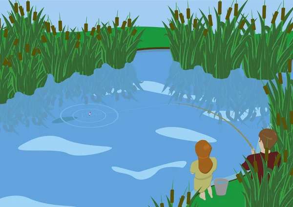 Brother and sister go fishing Vector Graphics