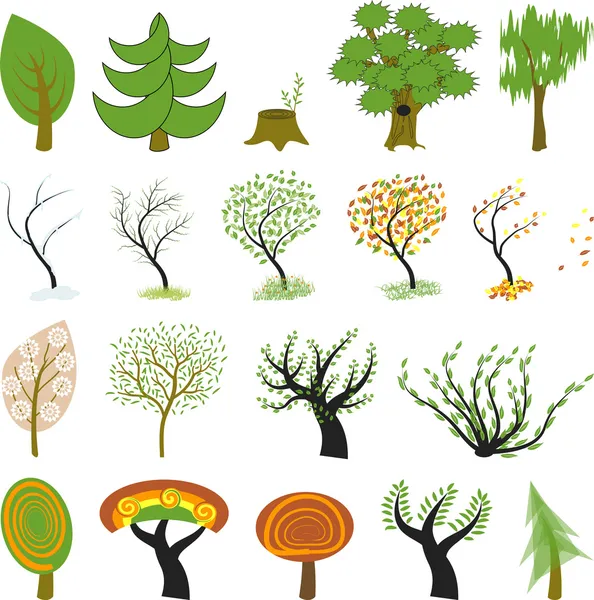 De nombreux arbres de dessin animé différents — Image vectorielle