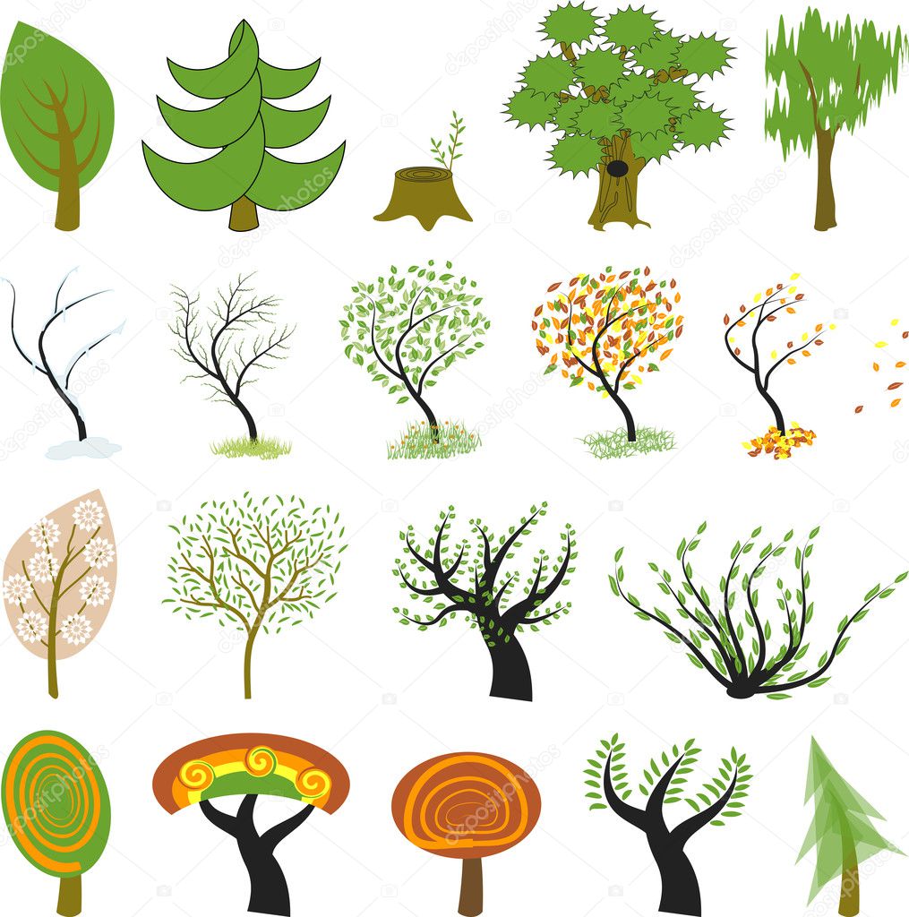 Many different cartoon trees