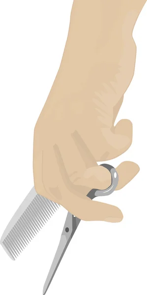 Ciseaux et brosse à cheveux dans une main du coiffeur — Image vectorielle