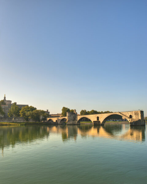 The Popes Bridge from the banks of the Rhone River in Avignon France