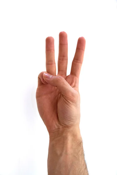 Mänsklig hand tecken nummer 3 på vit — Stockfoto