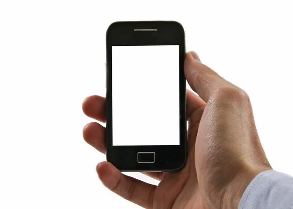 Empresário segurando smartphone no fundo branco — Fotografia de Stock