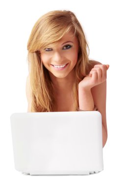 Portrait of laying woman with laptop clipart