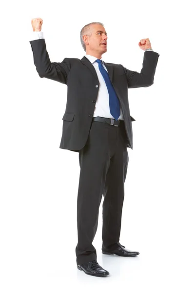 Successful businessman with hands up — Stock Photo, Image