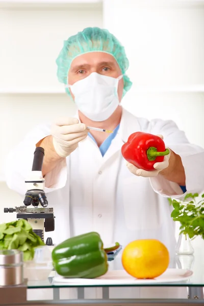 Ερευνητής που κρατά ψηλά ένα λαχανικό ΓΤΟ στο εργαστήριο — Φωτογραφία Αρχείου