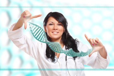 Researcher holding up a DNA strand in the laboratory clipart