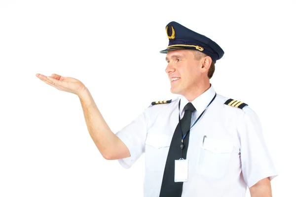 Airline pilot anläggning hand — Stockfoto