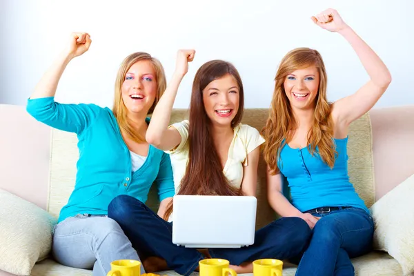 Beautiful successful girls with laptop — Stock Photo, Image