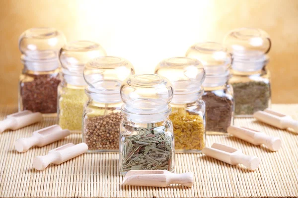 Glass jars with ingridients — Stock Image Glass jars with ingridients Stock Photo