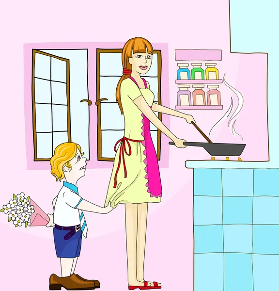 Ilustração de mãe & filho no aniversário da mãe —  Vetores de Stock